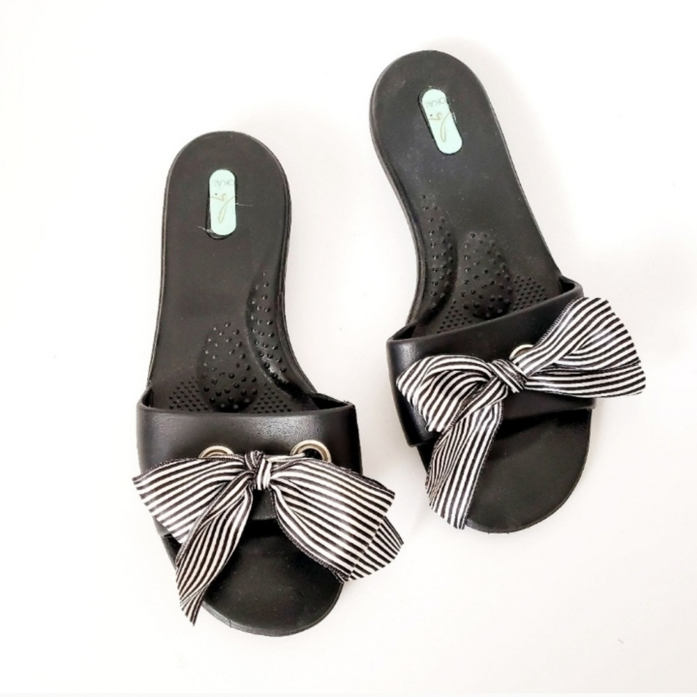 Okabashi Black Mules w/ Pinstripe Ribbon Bows Sz M